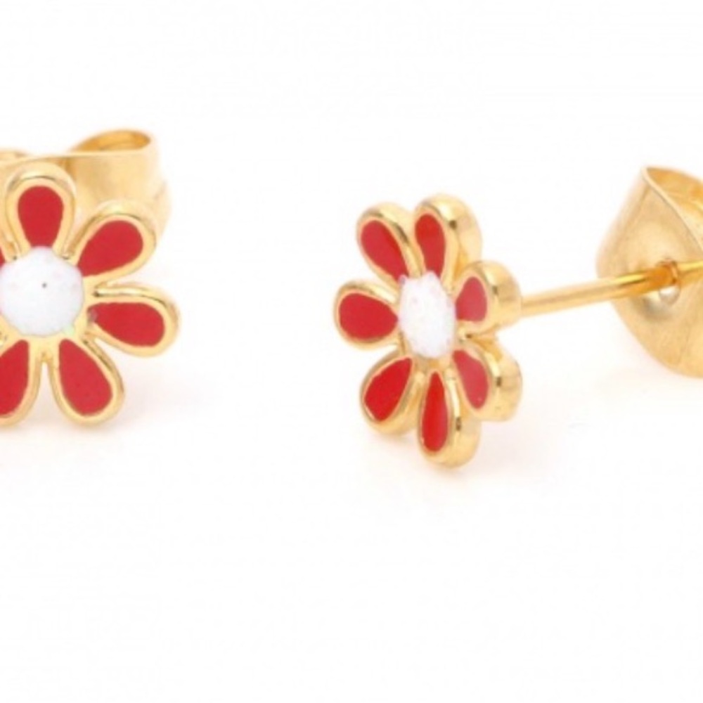 Gold and Red Flower Stud Earrings